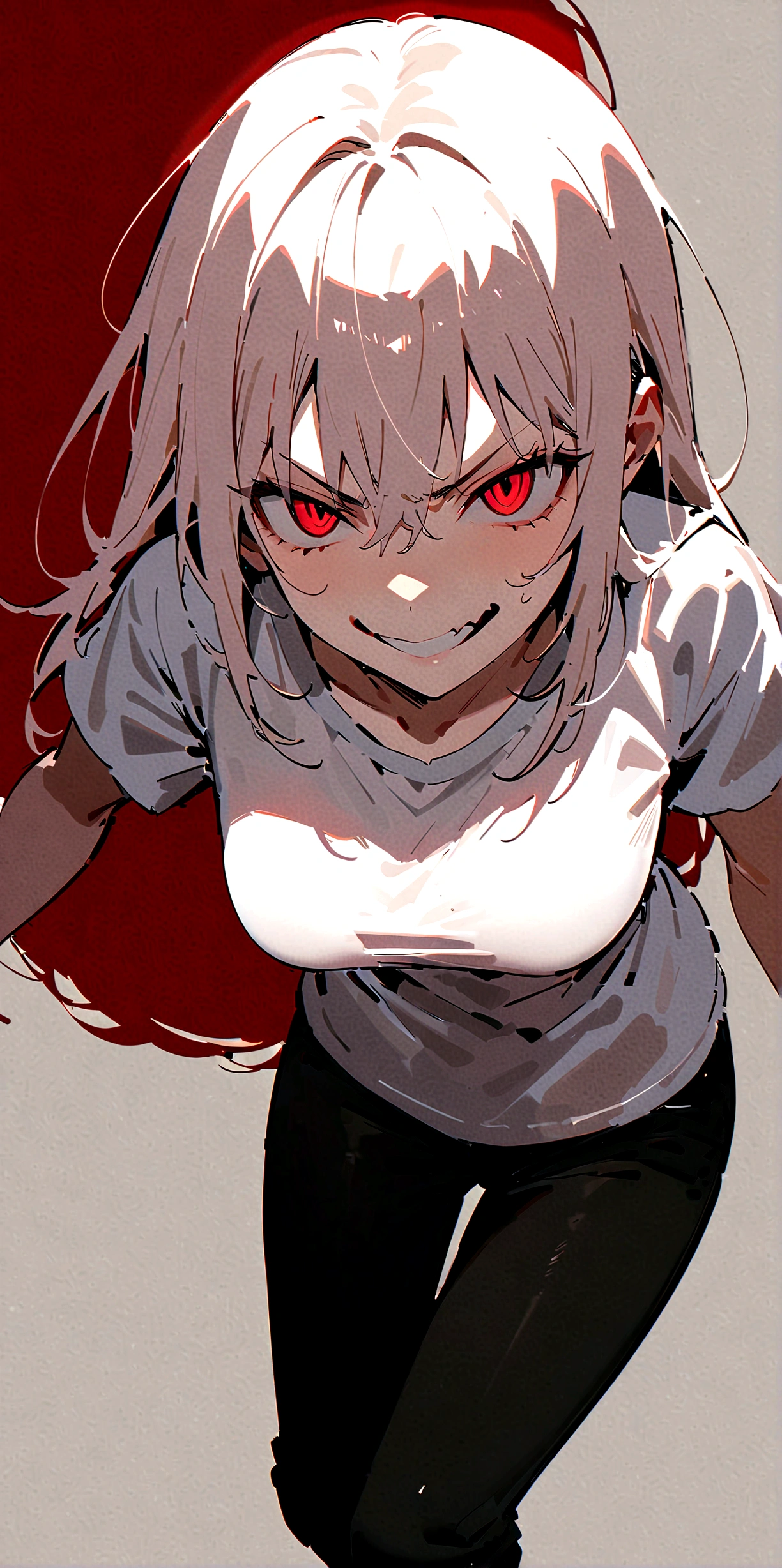 (Masterpiece:1.2, Best Quality), 1 woman, whole body, T-shirt, short black pants,angry pose, Casual, medium breasts,long white hair, minimal makeup,pale,Natural fabrics, closeup face, evil smile, bright red eyes circular pupils,8K high resolution, detailed lines, ((whole body))