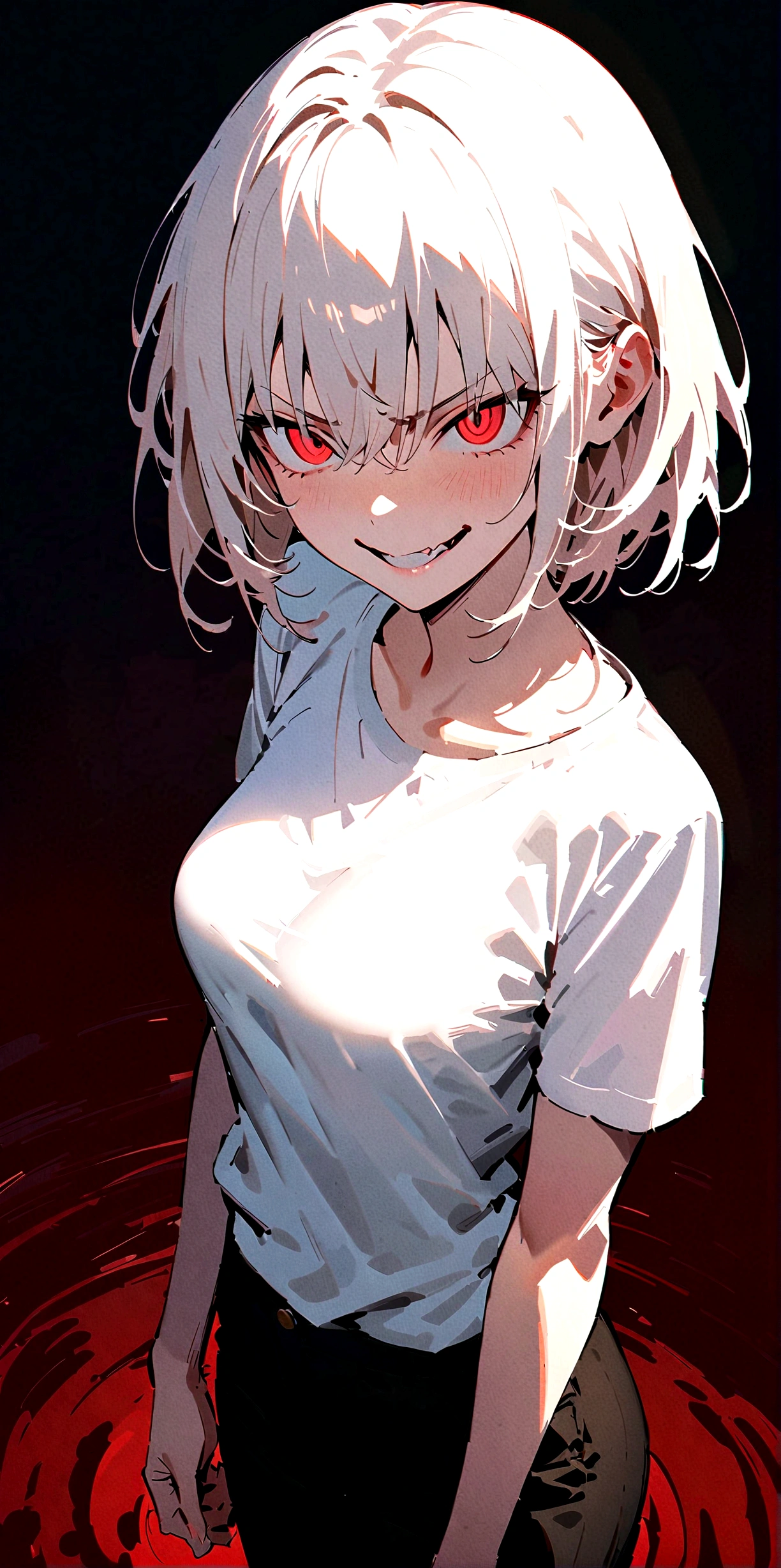 (Masterpiece:1.2, Best Quality), 1 woman, whole body, T-shirt, short black pants,angry pose, Casual, medium breasts,long white hair, minimal makeup,pale,Natural fabrics, closeup face, evil smile, bright red eyes circular pupils,8K high resolution, detailed lines, ((whole body))