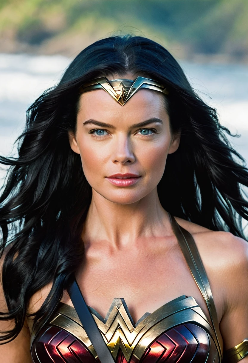 (((Extreme Closeup Rebecca Romijn(((long black hair)))under the mantle of the Amazon warrior Wonder Woman Diaema Wonder Woman frontal images color images Splash))),(((Rebecca Romijn))),(((black hair Largo))),(((black hair)))