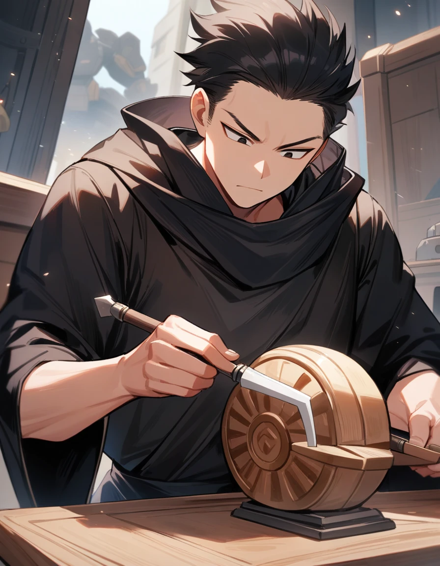 (1 chico,Boku-no-hero) Alone, robot, by white, (carving), shiny black eyes, Masterpiece, Best Quality, high quality, Upper part of the body, male focus, black robes.