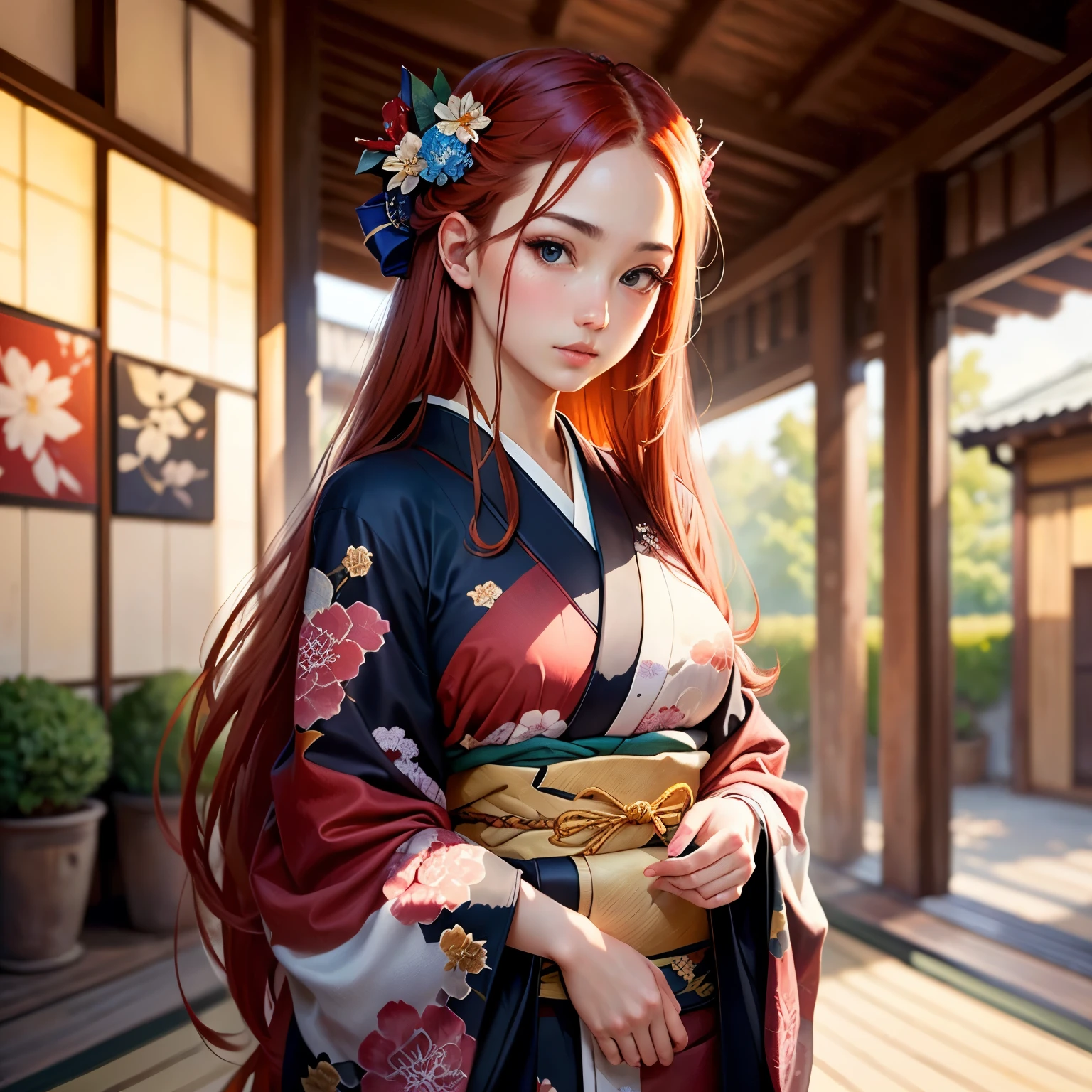 ((best qualityer)), ((work of art)), (detailded), red-haired girl, with long hair, wearing kimono. 


