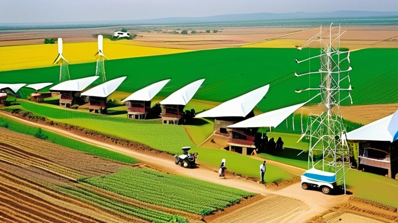 Smart Village: Bridging Tradition and Technology Connected Community: Villagers embracing the internet and computers, enhancing their daily lives and work. Modern Farming: Farmers utilizing smartphones for better crop management and market access. Tech-Enabled Families: Happy families benefiting from improved communication and education through technology. Innovative Infrastructure: Mobile towers ensuring seamless connectivity, with drones and robots supporting agricultural