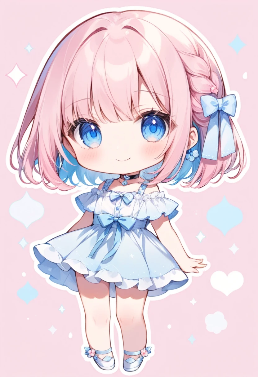 1girl, chibi、((Hair color light pink))、Length Bob、Beautiful blue eyes、Choker Accessories、smile