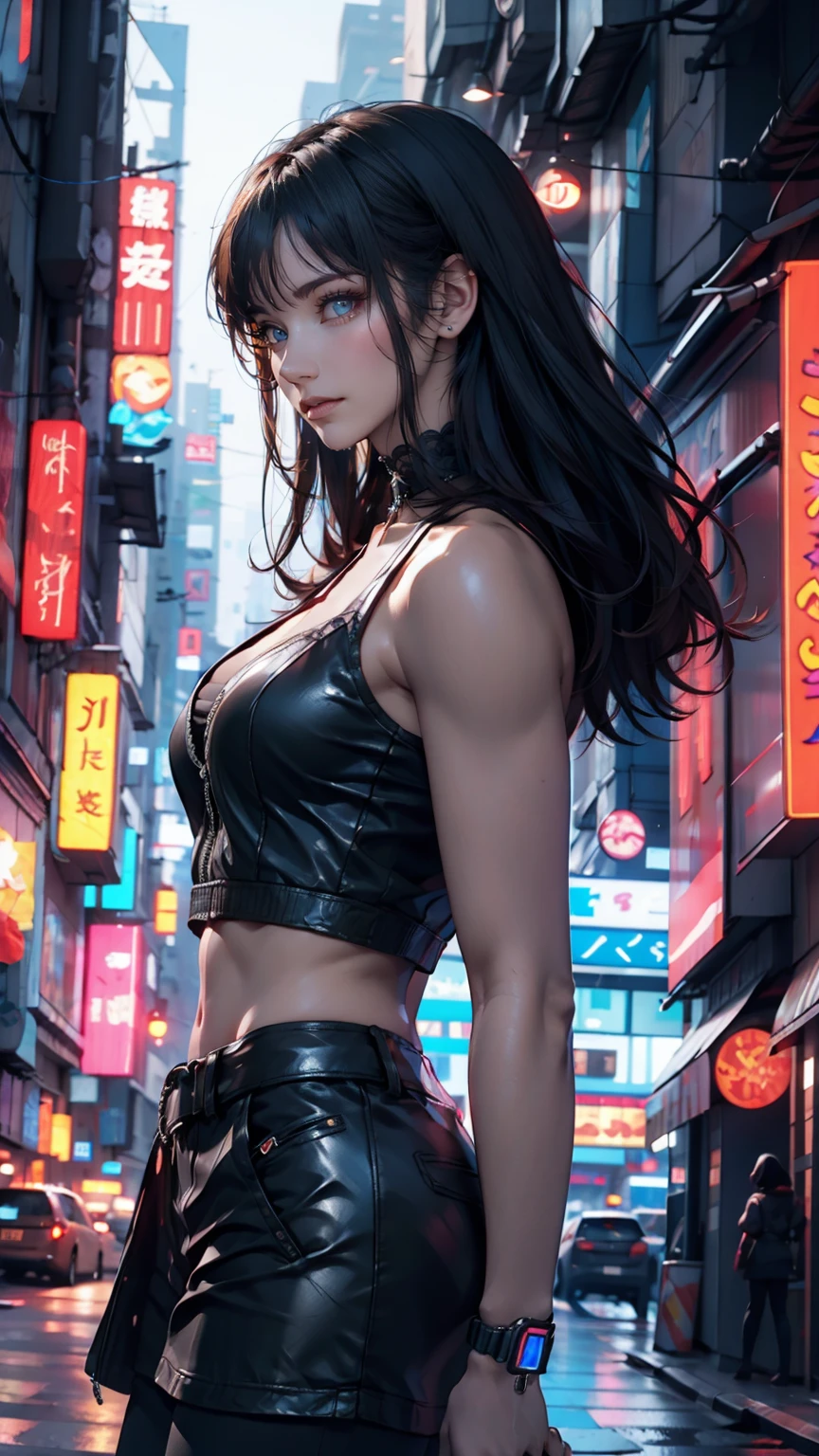molly millions, portrait of a beautiful cyberpunk woman, sunglasses, shoulder long hair, cyberpunk, street samurai, sunset, neuromancer, cyberpunk city background, megacity, gorgeous view, depth, high detail, digital art, painted by greg rutkowski, painted by seb mckinnon, trending on artstation