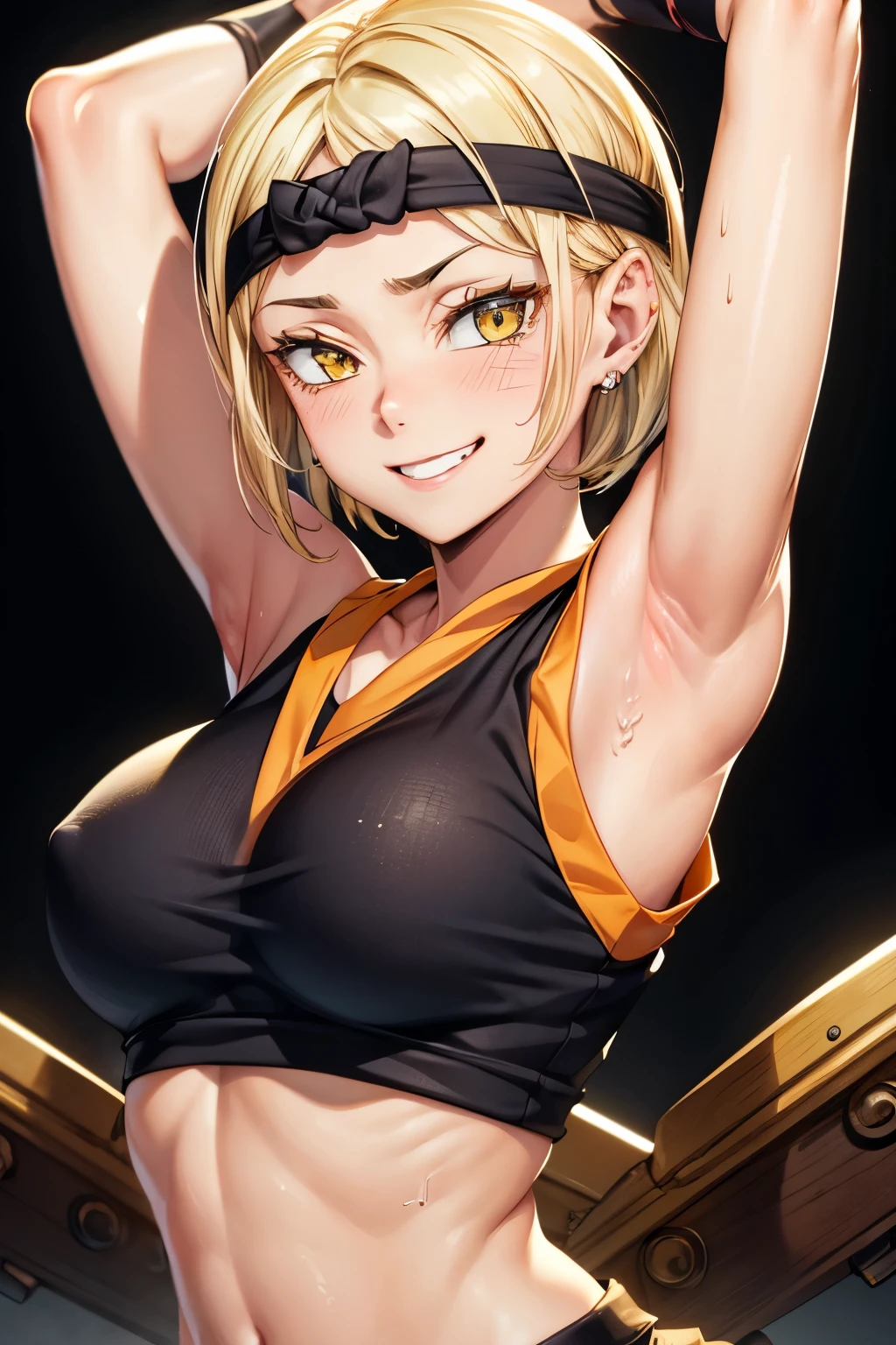 8k high resolution, detailed face, detailed body, perfect body, ultra high quality, 1 girl, sleeveless shirt, seductive smile, arms up, armpit, sweating, black headband, yellow eyes, sweating, sweaty armpits