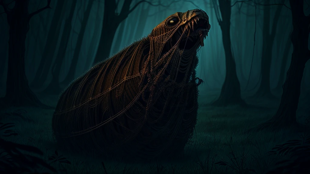 A giant, rotting caterpillar-like creature covered in human-like eyes and mouths, weaving webs of sinew and flesh in a dark, eerie forest. The web is pulsating with life, capturing its prey in a macabre embrace.
