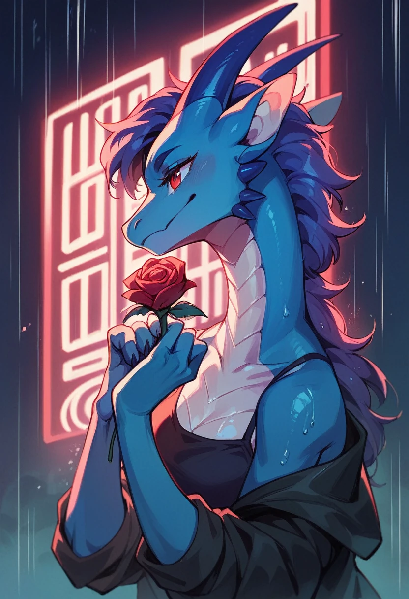 Blue dragon and girl holding a rose,On the cliffs,Mainly black and blue,red neon light,Night,rain