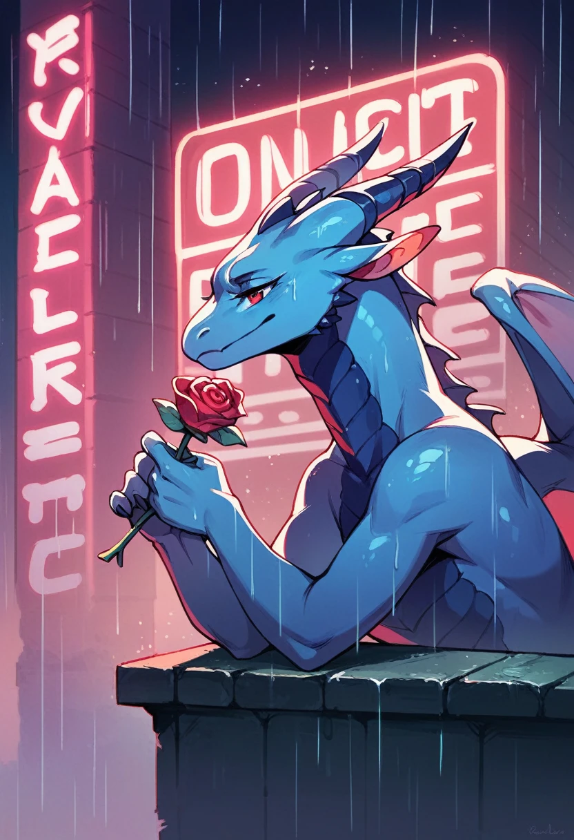 Blue dragon and girl holding a rose，On the cliffs，Mainly black and blue，red neon light，Night，rain