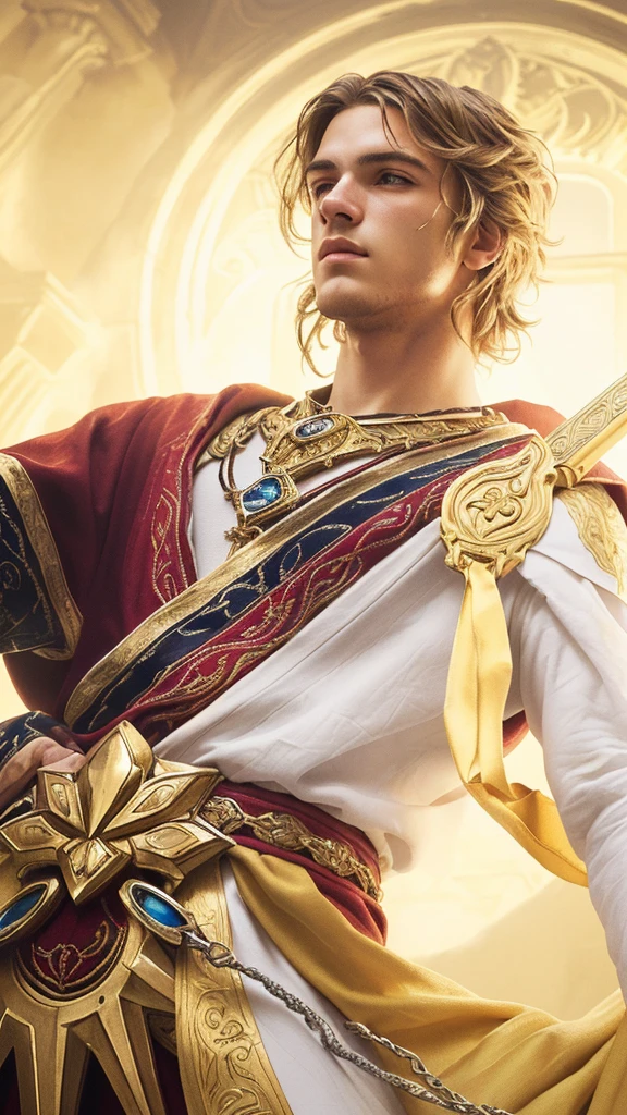 a close up portrait of a handsome boy, golden-white robes, gold and white robes, intricate detailed embroidered patterns, medieval fantasy, digital art, cinematic lighting, dramatic pose, holding a shiny silver sword, strong expression, chiaroscuro lighting, dark background, (best quality,8k,highres,masterpiece:1.2),ultra-detailed,(realistic,photorealistic,photo-realistic:1.37),cinematic composition,dramatic mood,muted color palette