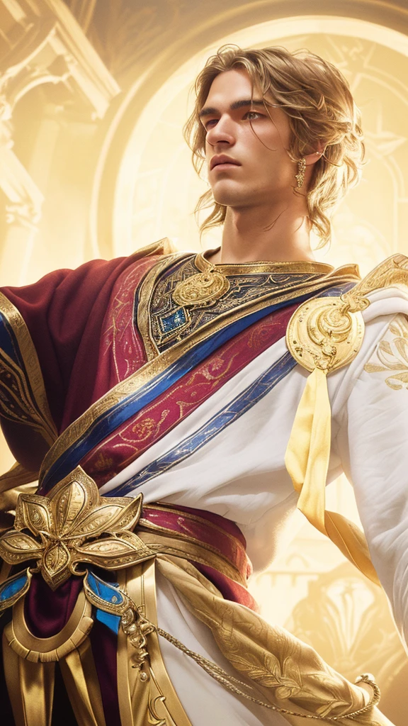 a close up portrait of a handsome boy, golden-white robes, gold and white robes, intricate detailed embroidered patterns, medieval fantasy, digital art, cinematic lighting, dramatic pose, holding a shiny silver sword, strong expression, chiaroscuro lighting, dark background, (best quality,8k,highres,masterpiece:1.2),ultra-detailed,(realistic,photorealistic,photo-realistic:1.37),cinematic composition,dramatic mood,muted color palette