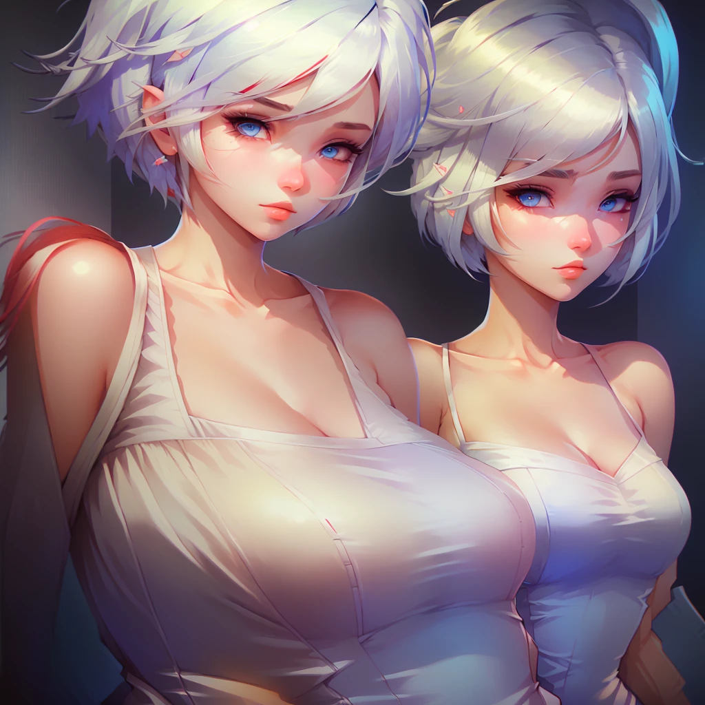 （tmasterpiece）， best qualityer， 1girll， middle finger， 独奏， eBlue eyes， white color hair， short detailed hair， nedium breasts，big cleavage breasts， cparted lips， black shirt， The shirt， jewely， looking at viewert， nipple piercing， nail polish， exposed bare shoulders --auto