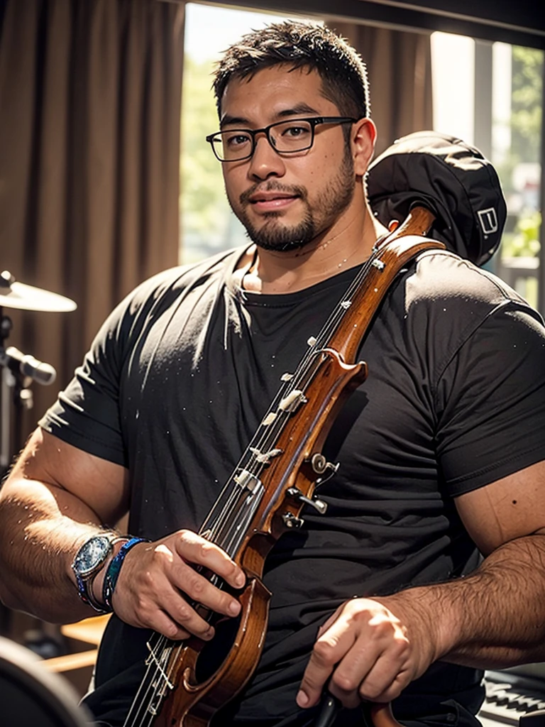 crew cut, (((full body))), (((landscape))), mature man, [slightly fat], asian man, rounded face, brown eyes, ((rounded face)), glasses, balding, 1boy, Solo, (big shoulders), (((stubbles, Short beard))), playing musical instrument, in a recording room,