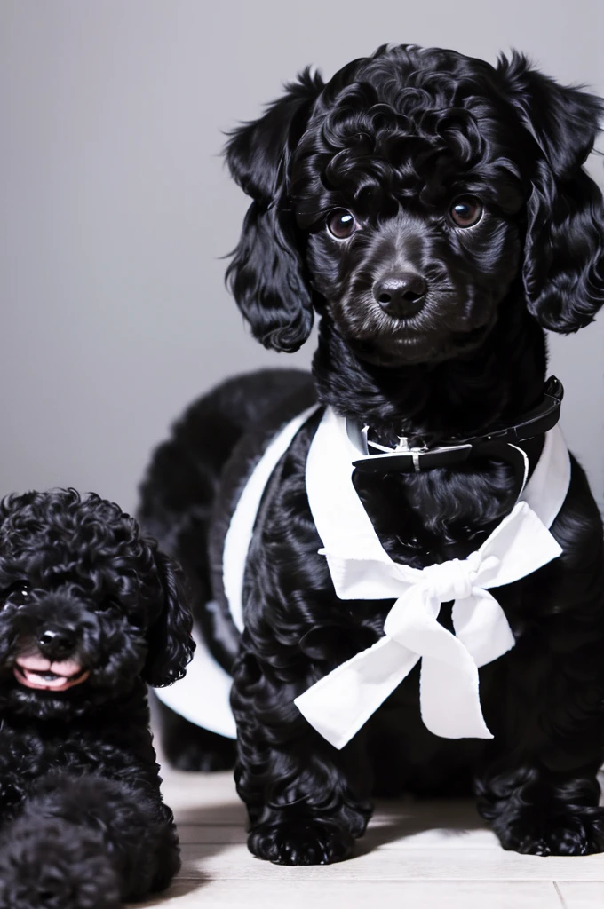 A simple logo of a black toy poodle