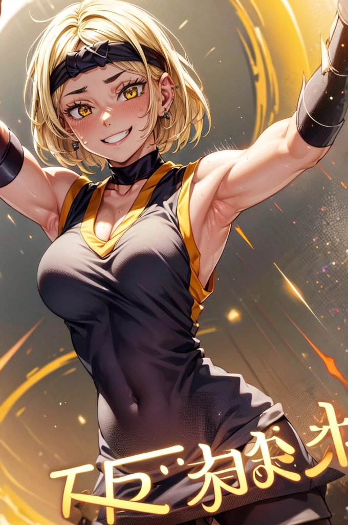 8k high resolution, detailed face, detailed body, perfect body, ultra high quality, 1 girl, sleeveless shirt, seductive smile, arms up, armpit, sweating, black headband, yellow eyes, sweating, sweaty armpits