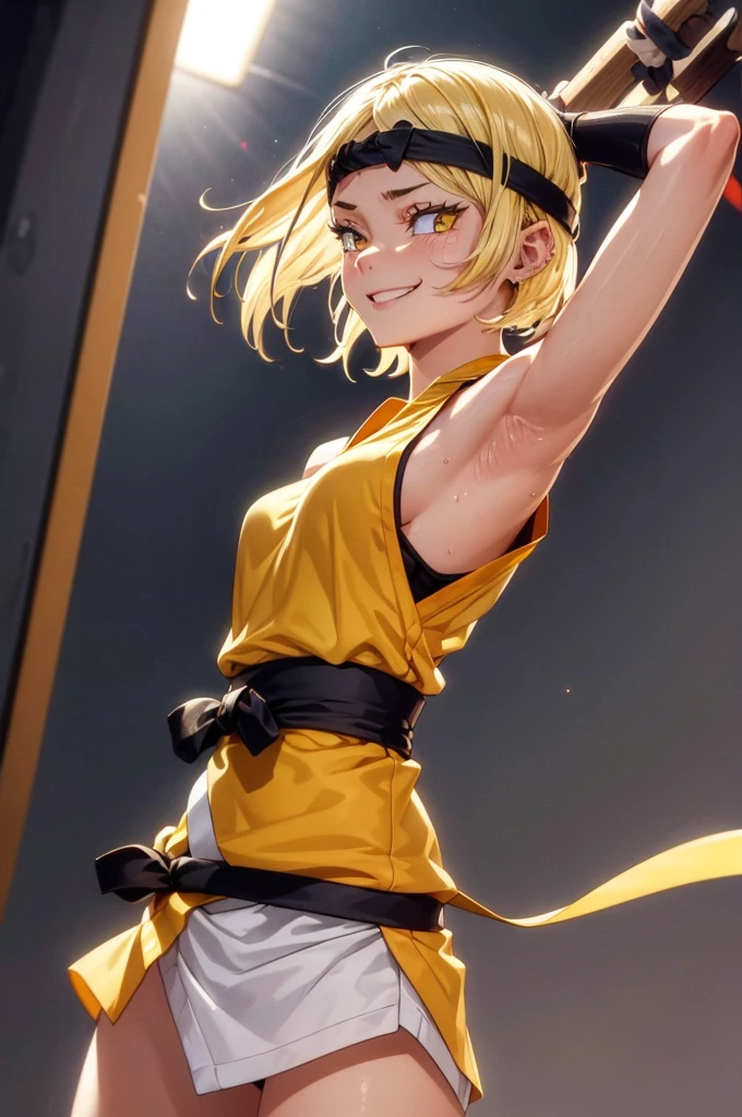 8k high resolution, detailed face, detailed body, perfect body, ultra high quality, 1 girl, sleeveless shirt, seductive smile, arms up, armpit, sweating, black headband, yellow eyes, sweating, sweaty armpits