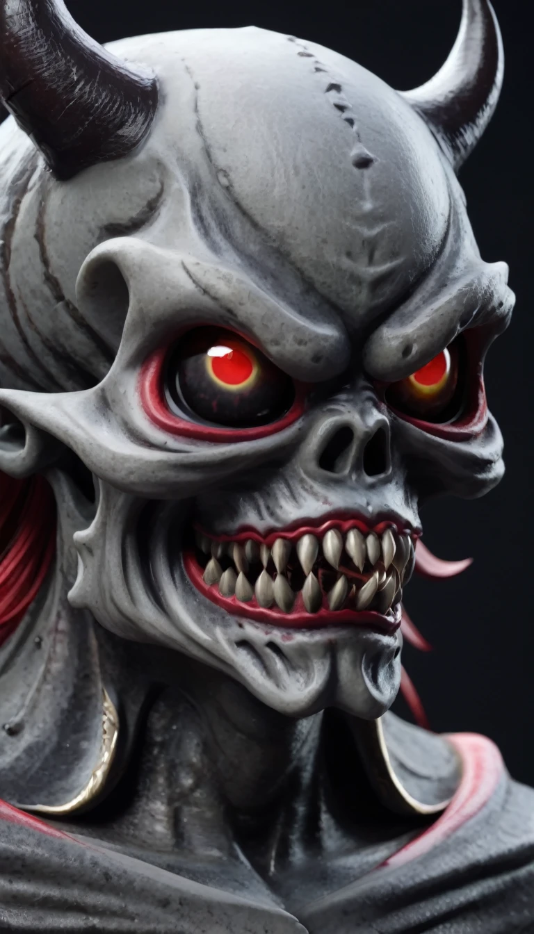 horror skull dokuro faced"traditional wafuku″monster, Japanese youkai monster, undead style, dark skin tone, red eyes and lips, 8k,