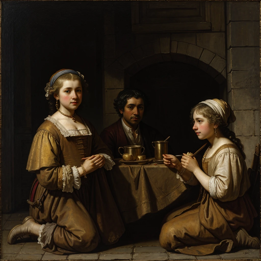 Rembrandt-style painting、During the French Revolution,18 century ,Begging on the street、Wearing rags、The face is dirty, Poor girl, Beautiful young farm girl, Gold hair, Streets of Paris, Naoreon's soldiers are marching