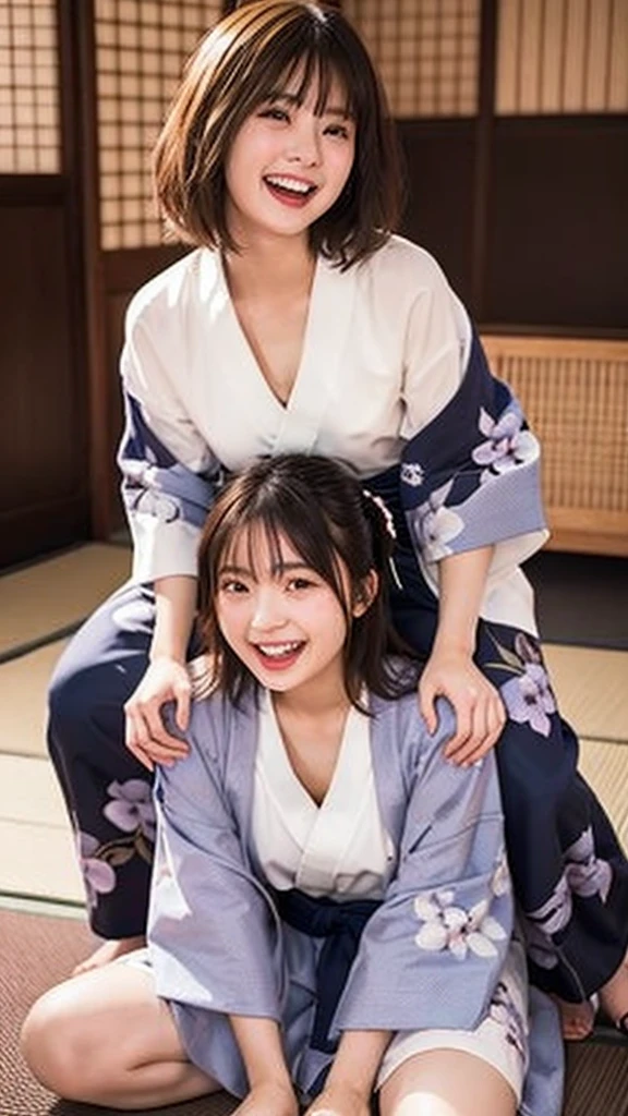 highest quality、4K quality、Man sitting、Young woman sitting on man、Small face、18-year-old、slender、Man grabs woman's chest、A Japanese open-necked kimono that exposes the thighs、Laughing with your mouth open(1.3)、Model-like exposed legs、Her is exposed through her open collar