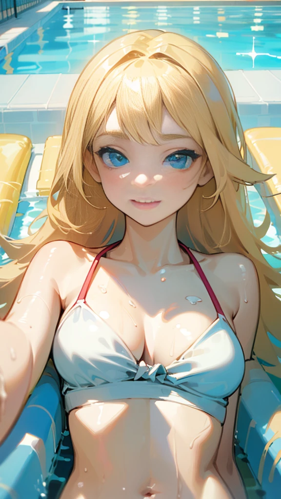 ((Highest quality、、masterpiece:1.3)), Upper Body、Long legs、Sharp focus:1.2, Beautiful woman with perfect figure:1.4、((Big Breasts:1.2)), (Smiling:1.2), Face and skin texture crafted to the smallest detail、Fine-grained、double eyelid、30-year-old female、sexly、((((Swimwear、Poolside、Blue Eyes、blonde、long hair))))