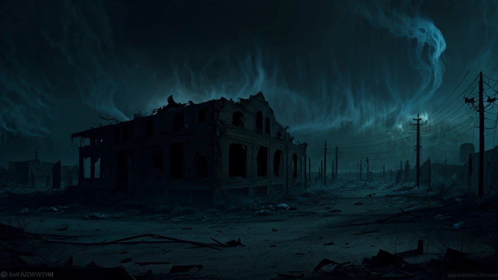 A ghostly apparition composed of shadow and smoke, with a face perpetually twisted in agony. The Screaming Wraith haunts an abandoned, desolate building at night, its mournful cries filling the air
