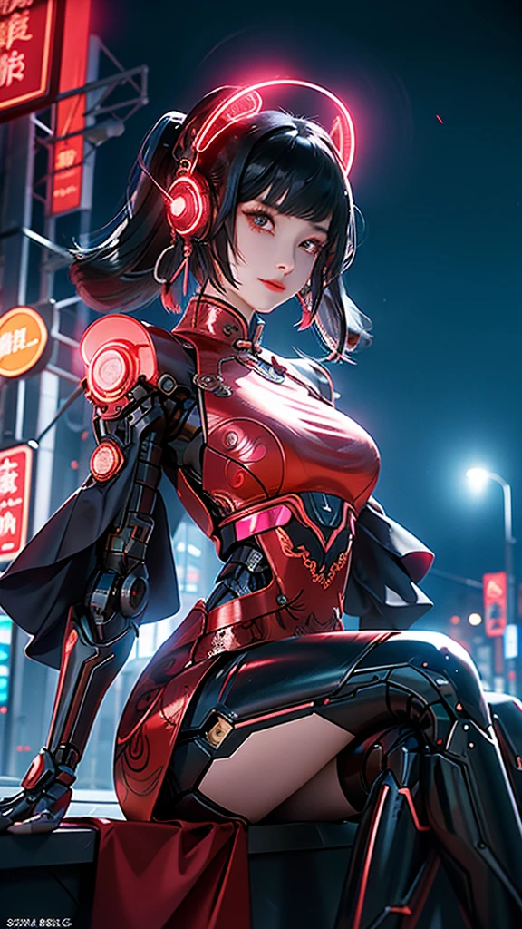 1 Peria, Chinese clothing, metallic black and pink titanium, cyberhan, cheongsam, cyberpunk city, dynamic pose, detailed luminous headphones, luminous hair accessories, long hair, luminous earrings, luminous necklace, cyberpunk, high-tech city, full of mechanics and futuristic elements, futuristic, technology, glowing neon, pink, pink light, red kimona, black translucent cloak, laser light, city sky digital background, big moon, with vehicles, best quality, masterpiece, 8K, Edge light character, super high detail, high quality, peria gaga among humans, smile, face facing forward and left and right symmetry, ear decoration, long antennae beam, light effect brown pupils, visual data, silver-red-orange dyed hair, highly detailed facial texture, happy, weapon system, passersby on a busy street, mecha style, glowing antenna on top, rear jet, sitting girl