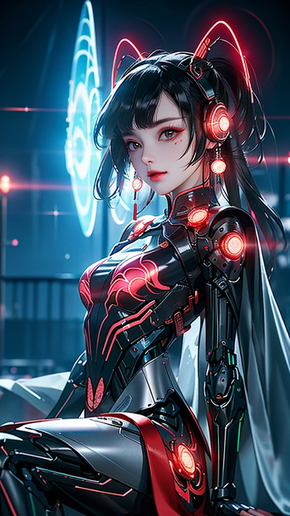1 Peria, Chinese clothing, metallic black and pink titanium, cyberhan, cheongsam, cyberpunk city, dynamic pose, detailed luminous headphones, luminous hair accessories, long hair, luminous earrings, luminous necklace, cyberpunk, high-tech city, full of mechanics and futuristic elements, futuristic, technology, glowing neon, pink, pink light, red kimona, black translucent cloak, laser light, city sky digital background, big moon, with vehicles, best quality, masterpiece, 8K, Edge light character, super high detail, high quality, peria gaga among humans, smile, face facing forward and left and right symmetry, ear decoration, long antennae beam, light effect brown pupils, visual data, silver-red-orange dyed hair, highly detailed facial texture, happy, weapon system, passersby on a busy street, mecha style, glowing antenna on top, rear jet, sitting girl
