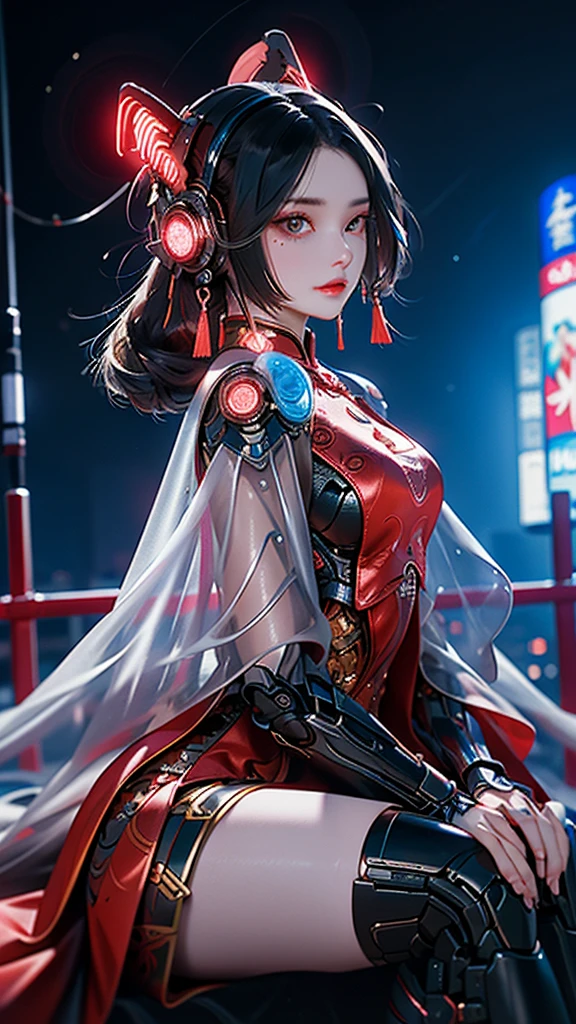 1 Peria, Chinese clothing, metallic black and pink titanium, cyberhan, cheongsam, cyberpunk city, dynamic pose, detailed luminous headphones, luminous hair accessories, long hair, luminous earrings, luminous necklace, cyberpunk, high-tech city, full of mechanics and futuristic elements, futuristic, technology, glowing neon, pink, pink light, red kimona, black translucent cloak, laser light, city sky digital background, big moon, with vehicles, best quality, masterpiece, 8K, Edge light character, super high detail, high quality, peria gaga among humans, smile, face facing forward and left and right symmetry, ear decoration, long antennae beam, light effect brown pupils, visual data, silver-red-orange dyed hair, highly detailed facial texture, happy, weapon system, passersby on a busy street, mecha style, glowing antenna on top, rear jet, sitting girl