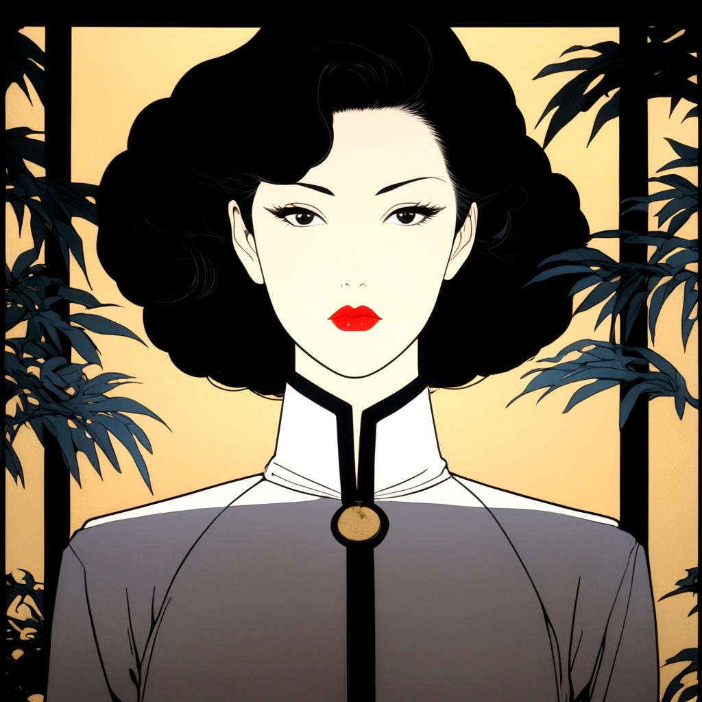 the first episode of anime ghosted island, japan, in the style of patrick nagel, shot on 70mm, noriyoshi ohrai, chiaroscuro portraits, qian xuan, beautiful women, light bronze and dark black