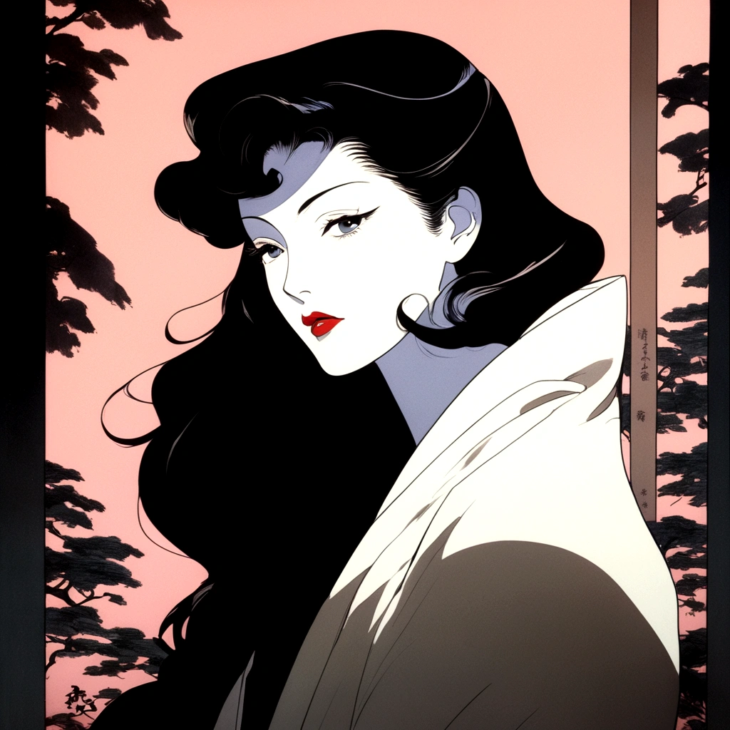 the first episode of anime ghosted island, japan, in the style of patrick nagel, shot on 70mm, noriyoshi ohrai, chiaroscuro portraits, qian xuan, beautiful women, light bronze and dark black