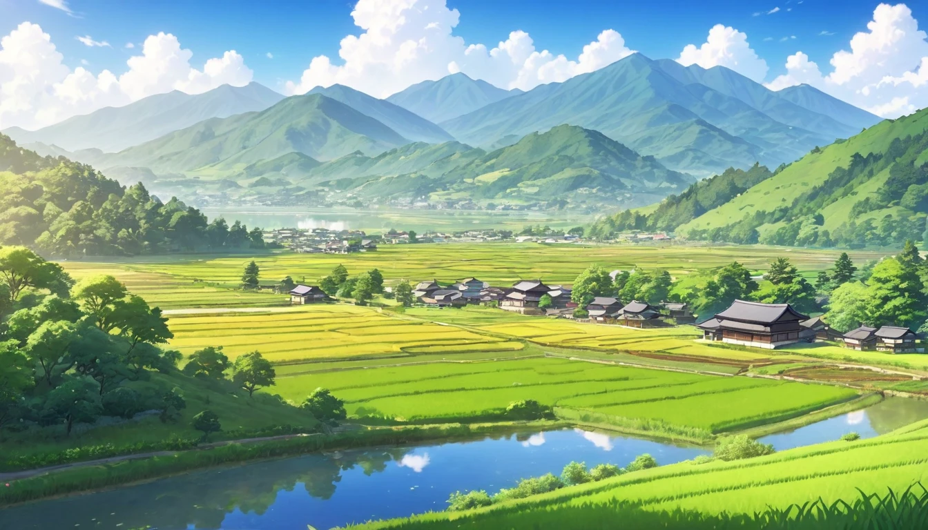 a beautiful japanese rural landscape in early summer, a peaceful countryside scene with rice fields, mountains and a clear blue sky, anime style, highly detailed, 4k, photorealistic, vibrant colors, natural lighting, atmospheric perspective, lush green foliage, fluffy white clouds, picturesque scenery, idyllic, serene, tranquil