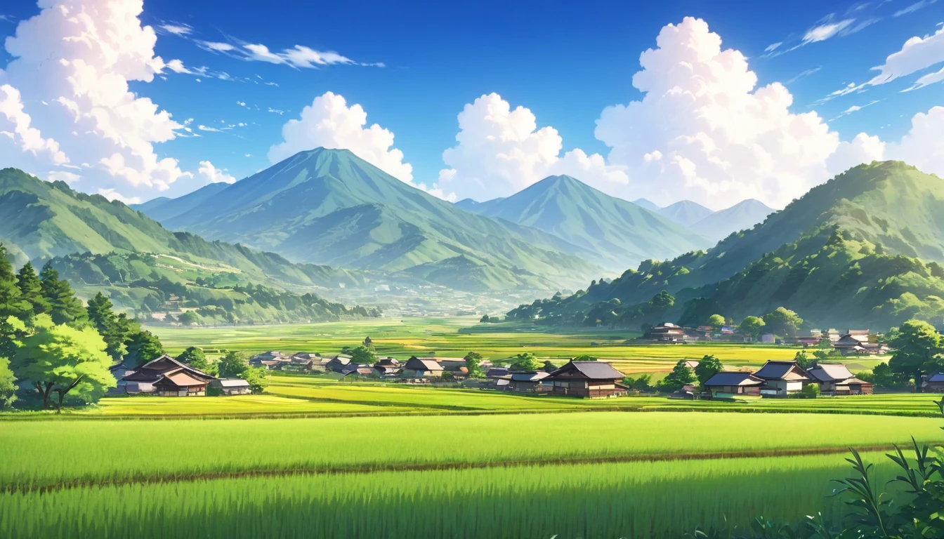 a beautiful japanese rural landscape in early summer, a peaceful countryside scene with rice fields, mountains and a clear blue sky, anime style, highly detailed, 4k, photorealistic, vibrant colors, natural lighting, atmospheric perspective, lush green foliage, fluffy white clouds, picturesque scenery, idyllic, serene, tranquil