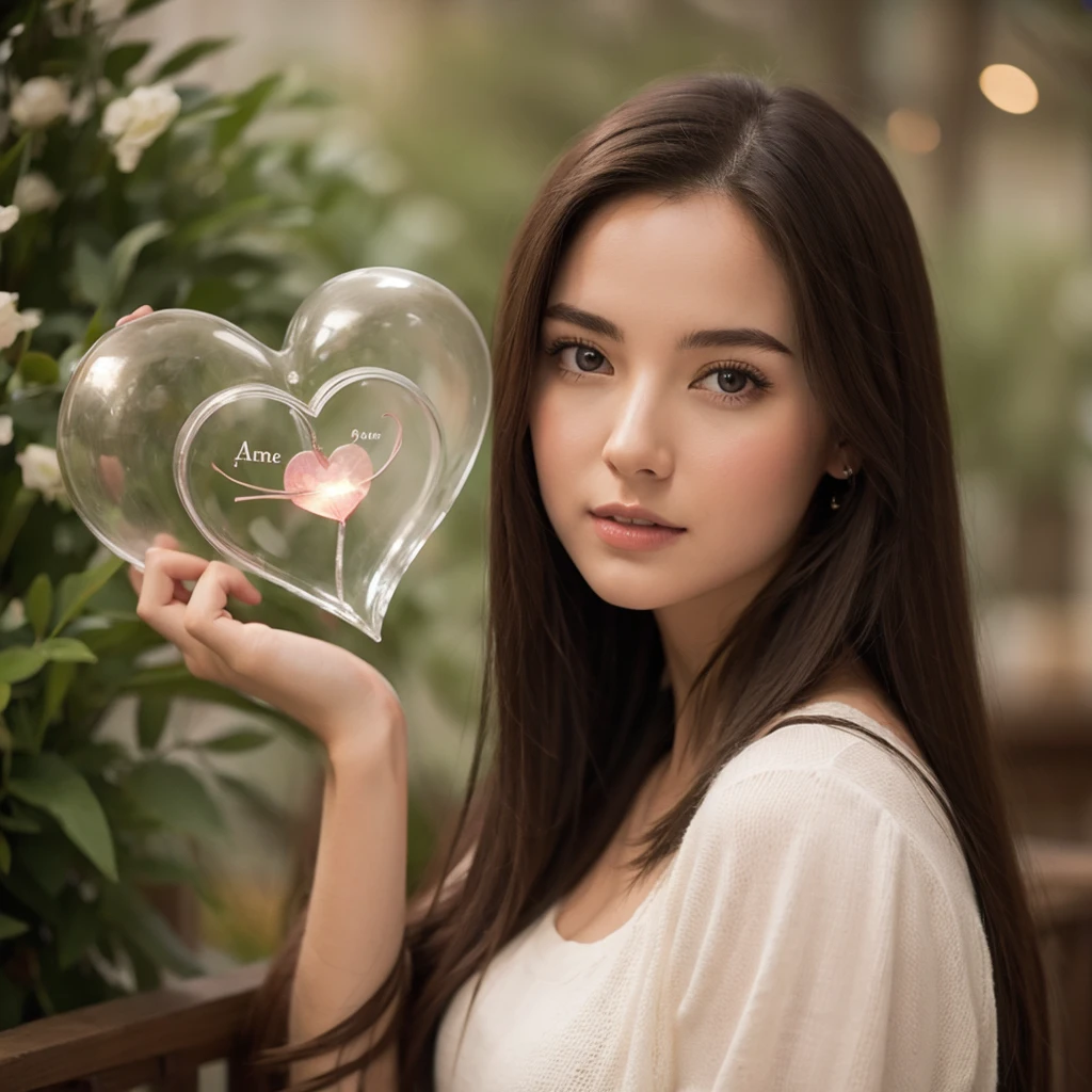 A beautiful and fit girl holding a glass heart with the word Aramrose written on the glass heart