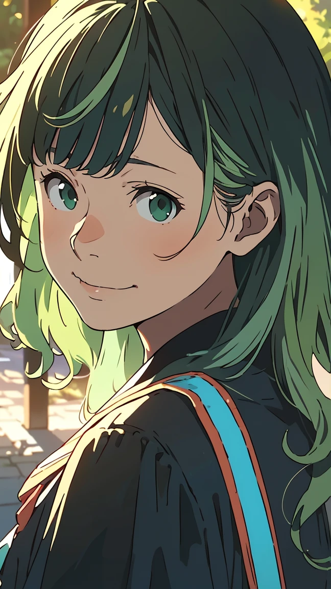 green eyes, (green hair),((wavy hair)), uniform,one girl, alone,very beautiful, best quality, amazing quality, curated, shape, highly detailed, anime coloring,highly detailed, official art, warm tones, sun flare, soft shadows, vibrant colors,highly detailed, official art,((hairstyle with bangs)),facial expression pattern,smile,