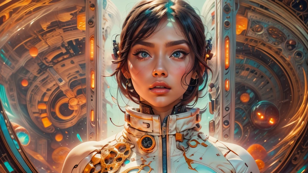 arafed image of a white woman in a futuristic suit with a spaceship in the background, movie art, in front of an orange background, inspired by Robert McGinnis, female protagonist, megastructure in the background, portrait of an ai astronaut, astronauts, an astronaut, portrait of a astronaut skeletor, perfect android girl, Highly Detailed Face and Skin Texture, Detailed Eyes, Double eyelids, perfectly detailed teeth, frank franzzeta and sakimichan  