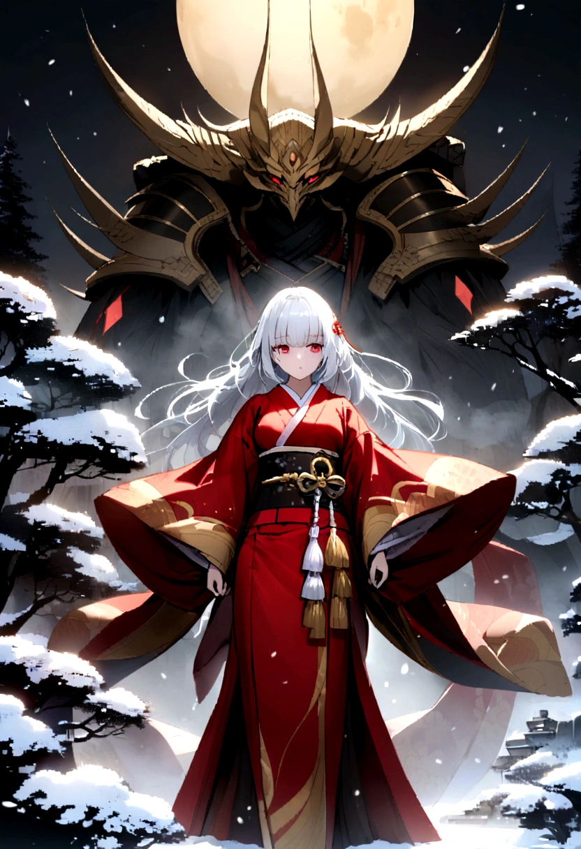 Samurai scarlet red eyes, and hair as white as snow, kimono and black and gold