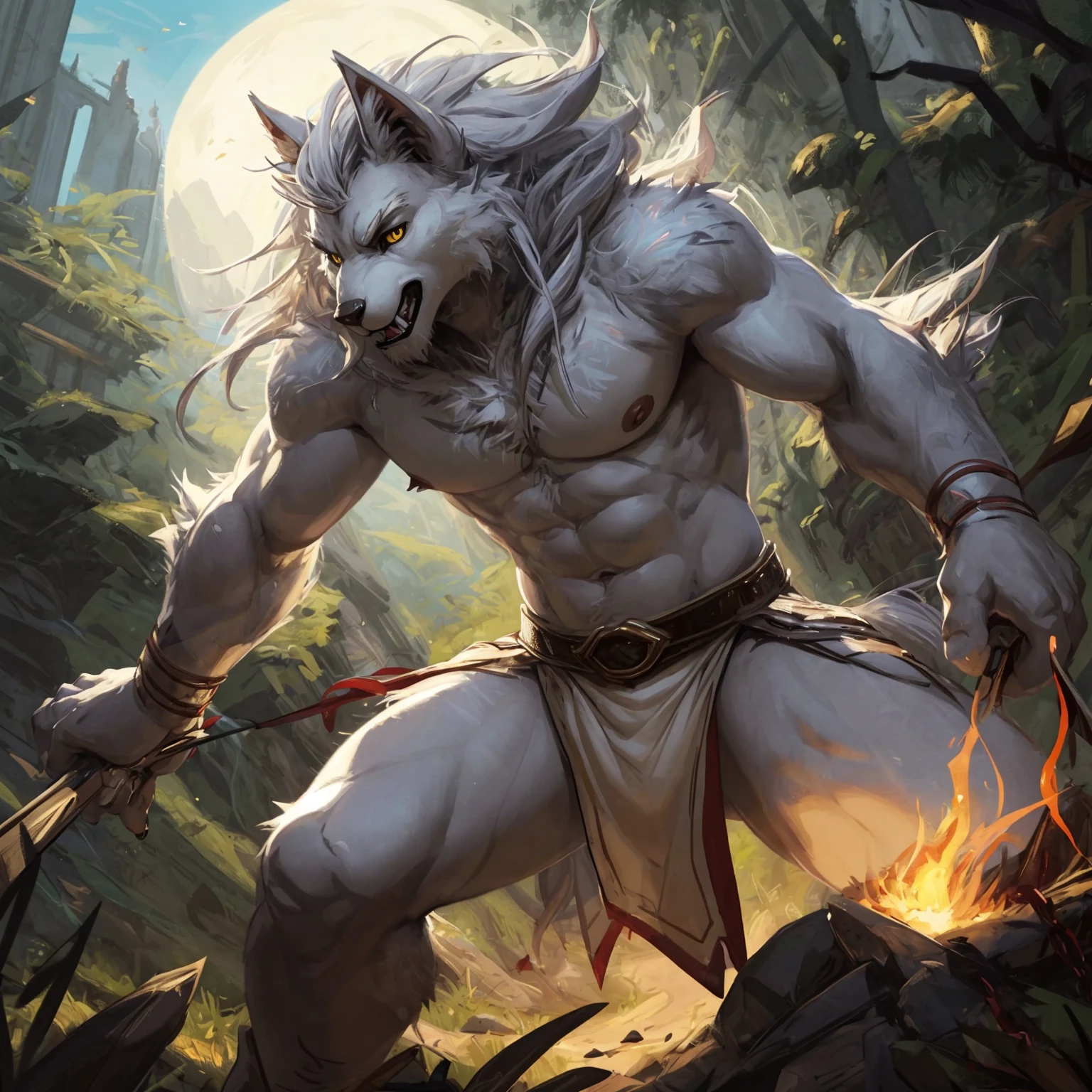 ultra-detailed, masterpiece, masterwork, high quality, best quality, hdr, (nature, night), posted on e621, (by darkgem), nsfw, male, solo, chibi, (white little body werewolf), canine, (long  silver hair, yellow eyes, white body, roar), stylish pose, dynamic angle, (micropenis, foreskin, childpenis, perfect balls)