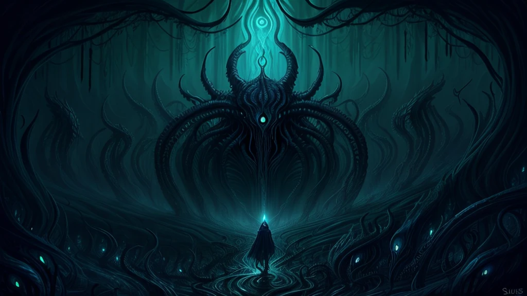 A massive, eldritch horror composed of writhing tentacles and countless eyes. Each eye captures the soul of a victim in an unending gaze. The Devourer of Souls is consuming the essence of its prey in a nightmarish, otherworldly landscape, leaving behind empty, soulless husks