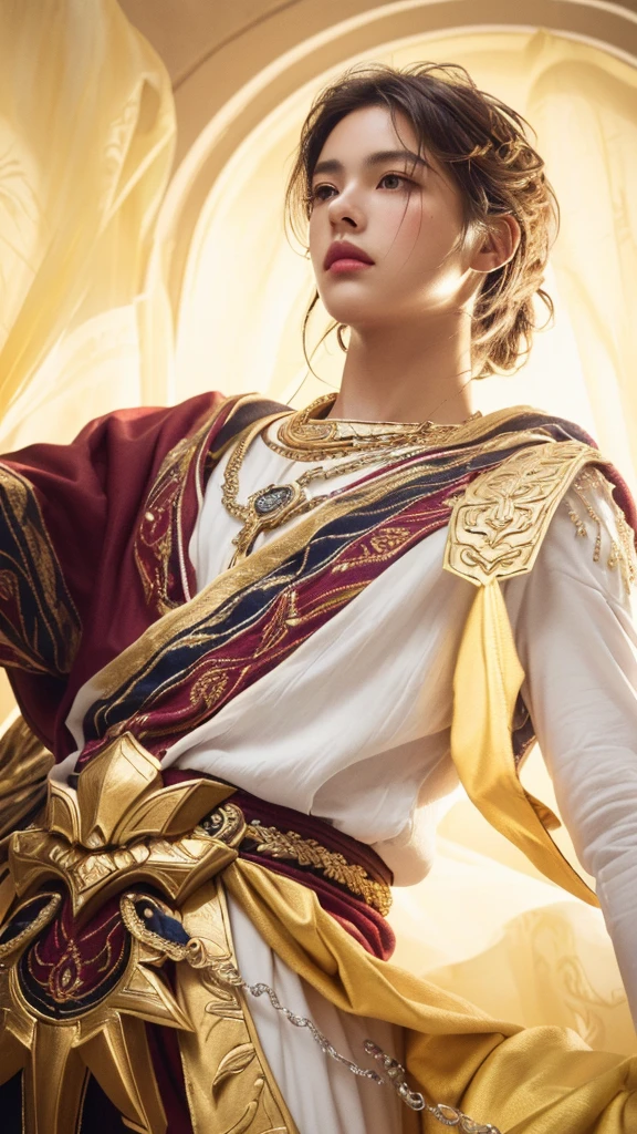 a close up portrait of a handsome boy, golden-white robes, gold and white robes, intricate detailed embroidered patterns, medieval fantasy, digital art, cinematic lighting, dramatic pose, holding a shiny silver sword, strong expression, chiaroscuro lighting, dark background, (best quality,8k,highres,masterpiece:1.2),ultra-detailed,(realistic,photorealistic,photo-realistic:1.37),cinematic composition,dramatic mood,muted color palette