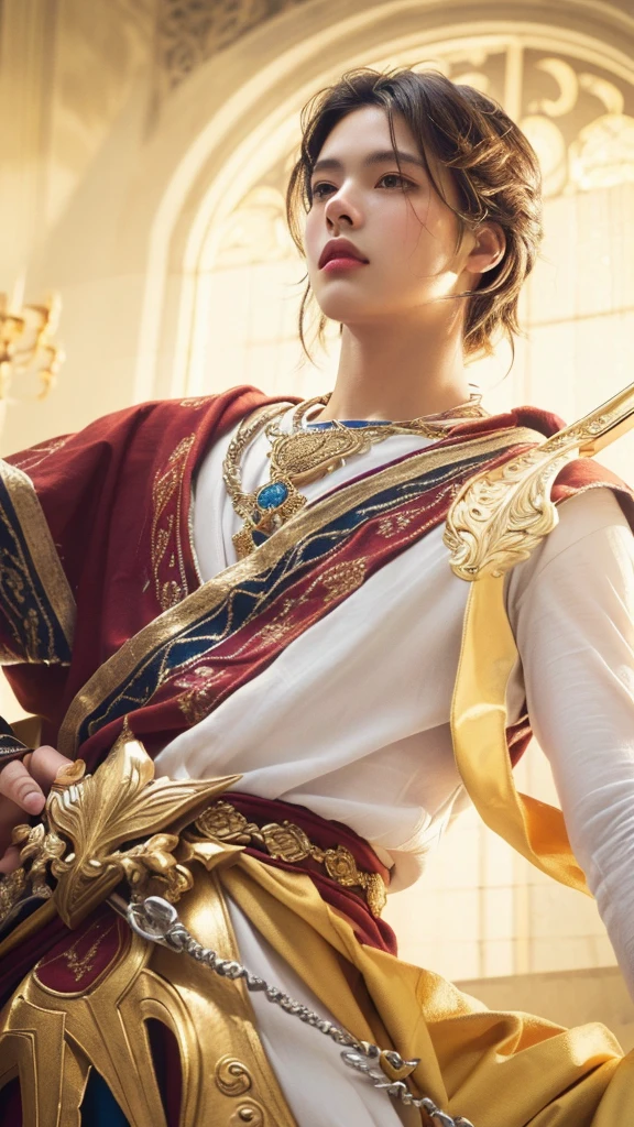 a close up portrait of a handsome boy, golden-white robes, gold and white robes, intricate detailed embroidered patterns, medieval fantasy, digital art, cinematic lighting, dramatic pose, holding a shiny silver sword, strong expression, chiaroscuro lighting, dark background, (best quality,8k,highres,masterpiece:1.2),ultra-detailed,(realistic,photorealistic,photo-realistic:1.37),cinematic composition,dramatic mood,muted color palette