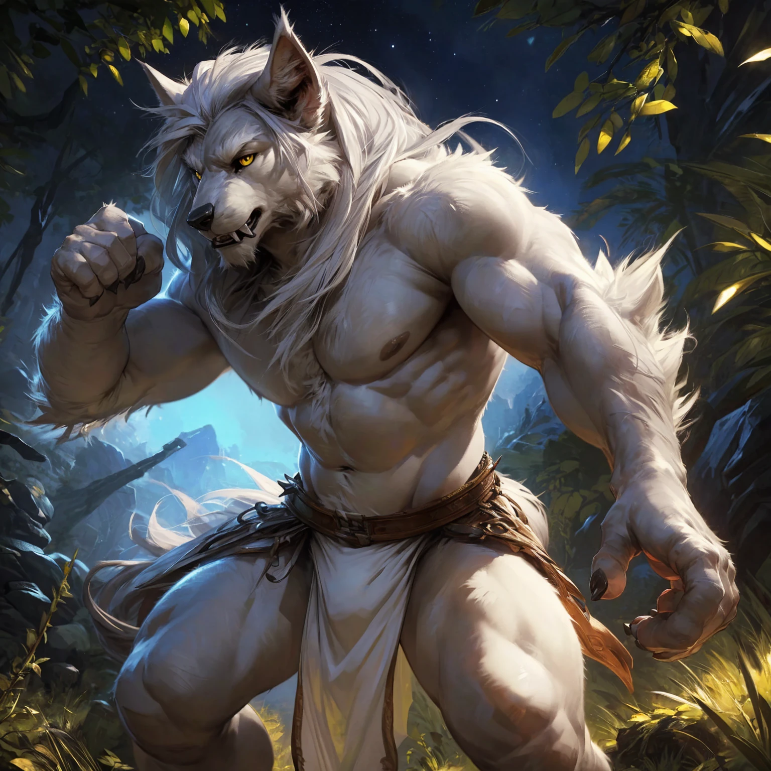 ultra-detailed, masterpiece, masterwork, high quality, best quality, hdr, (nature, night), posted on e621, (by darkgem), nsfw, male, solo, (white little body werewolf), canine, (long silver hair, yellow eyes, white body, roar), stylish pose, dynamic angle, (white loincloth)