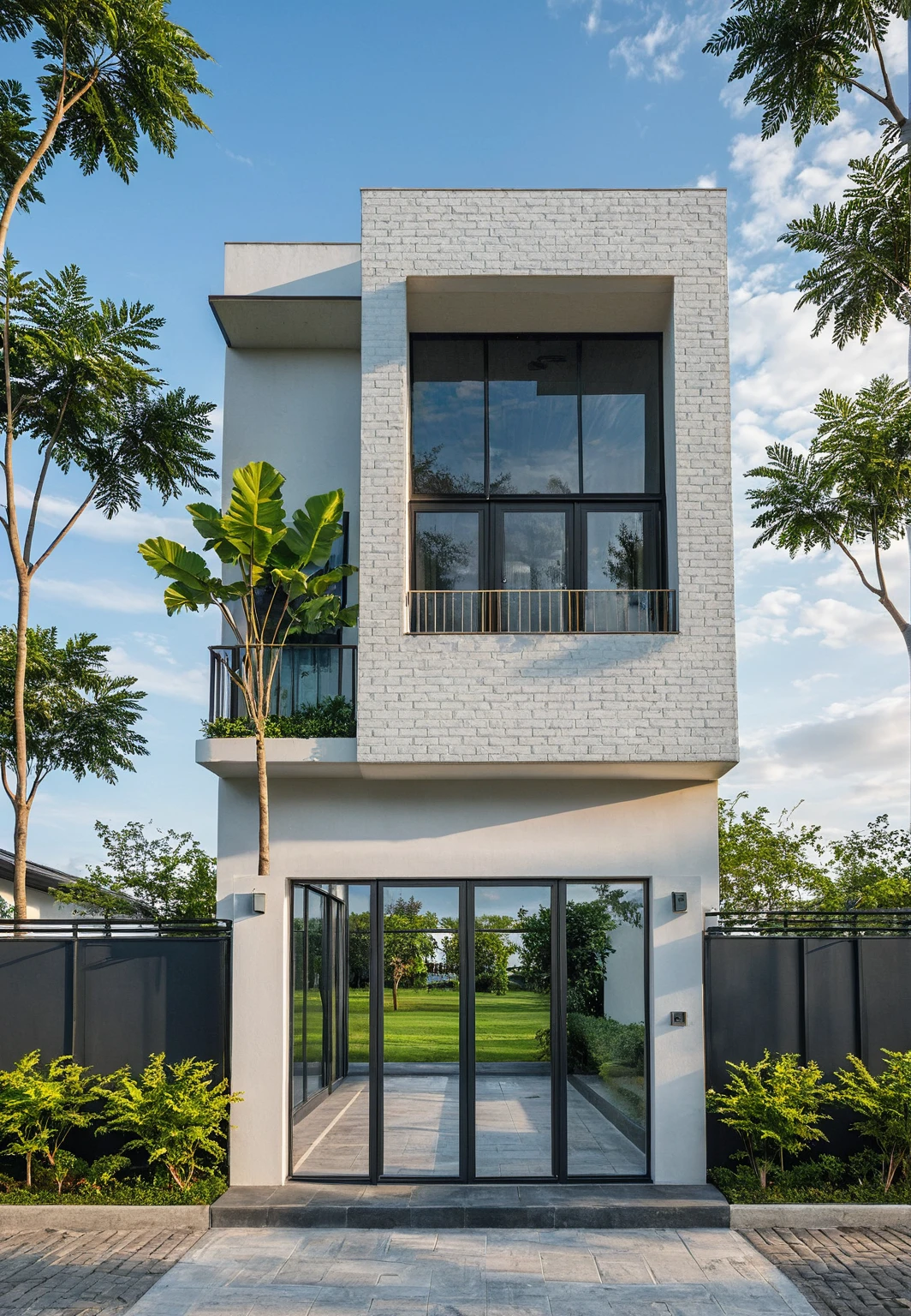 Masterpiece, high quality, best quality, authentic, realistic scene, super detail, outdoors, house on the street ,white wall, glass window, steel gate, road, pavement, grass, trees, sky, cloud, car (daylight:1.1), garden front
