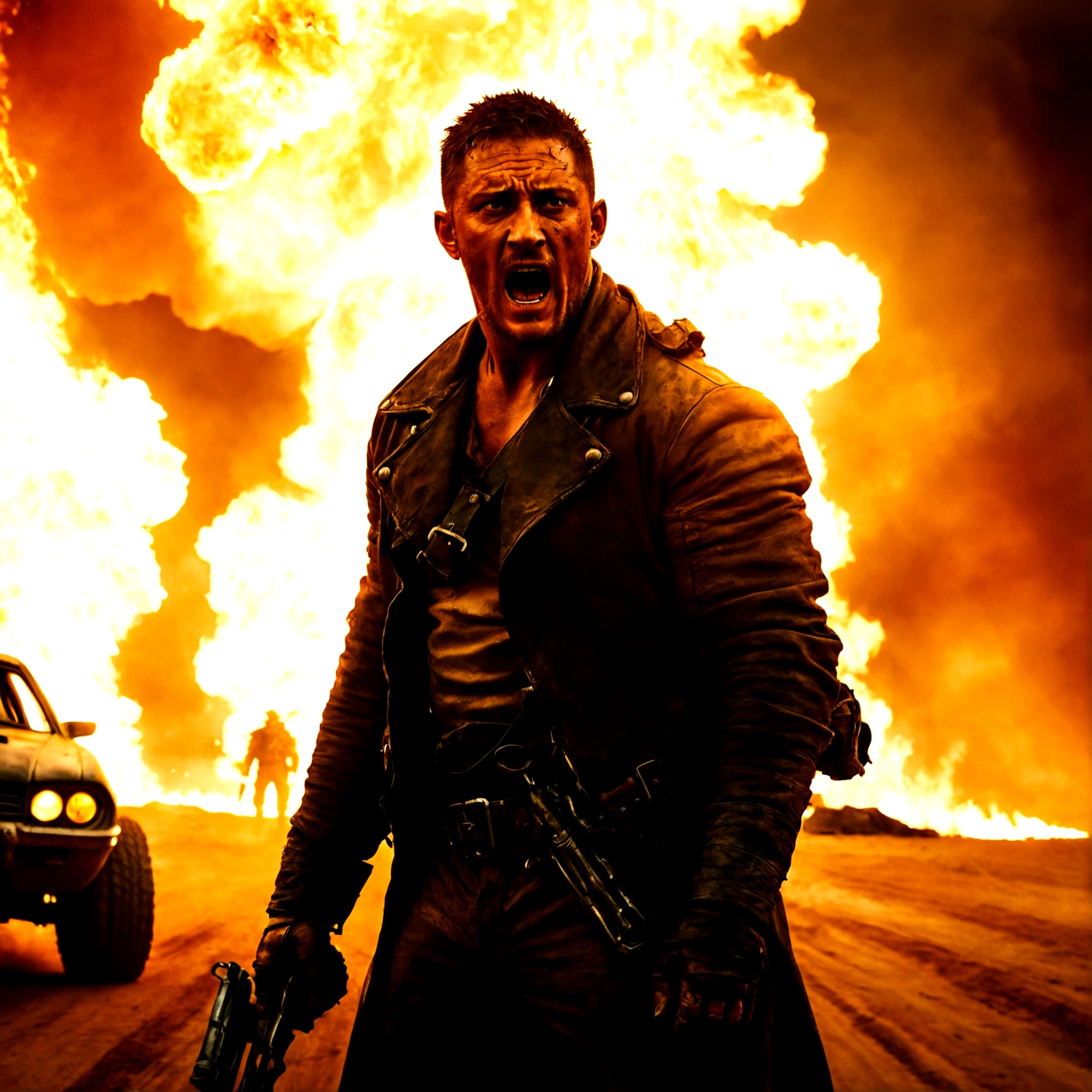 cinematic film still, ((Dutch angle)) of [ Tom Hardy | Mel Gibson ] as Mad Max, fire in background, high speed photography, Mad Max style, apocalypse, action film, detailed, film grain, grainy,
