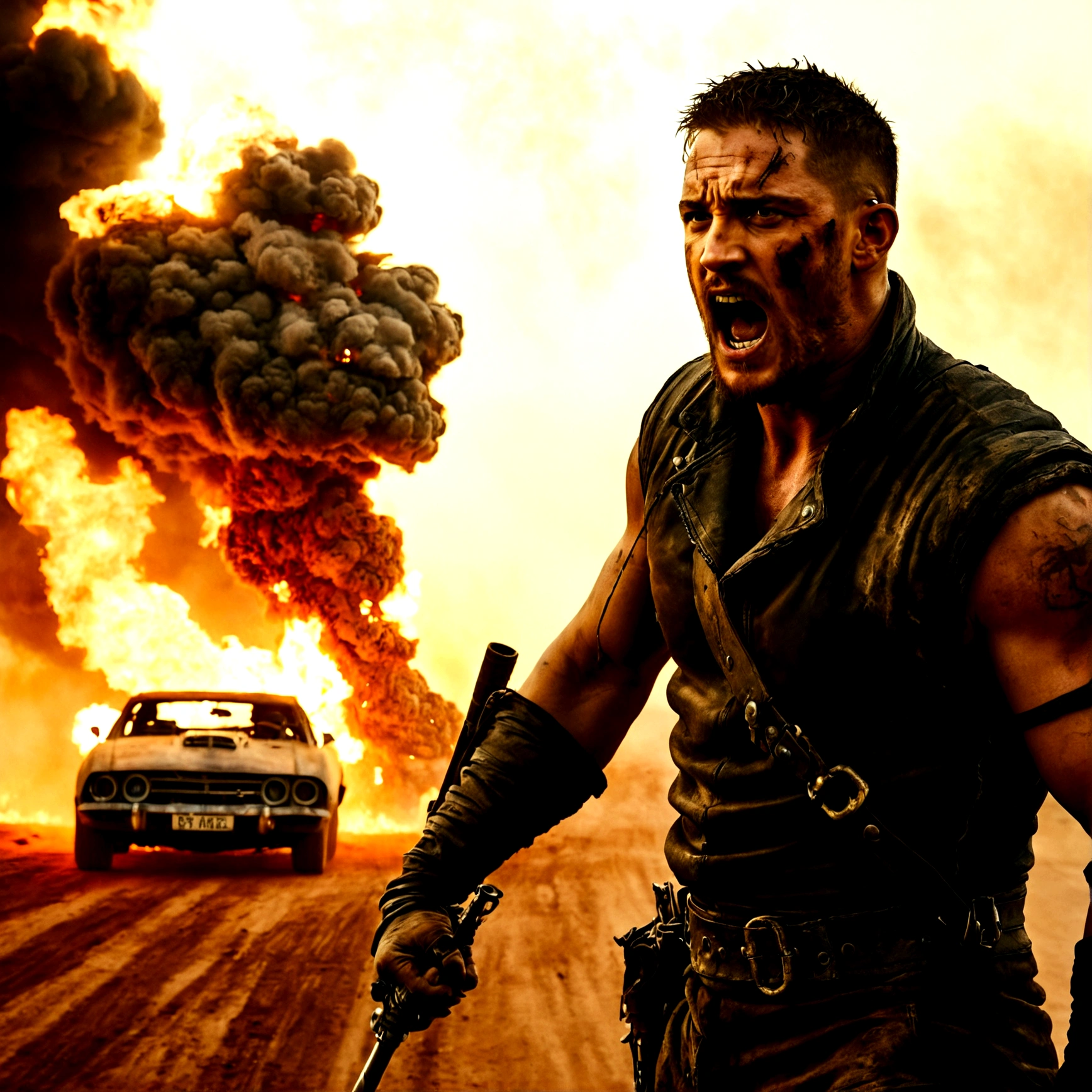 cinematic film still, ((Dutch angle)) of [ Tom Hardy | Mel Gibson ] as Mad Max, fire in background, high speed photography, Mad Max style, apocalypse, action film, detailed, film grain, grainy,
