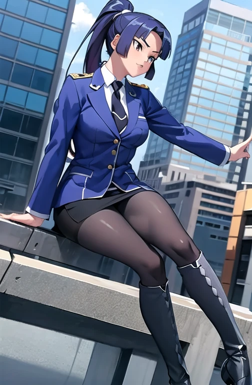 ,yatsu_murasaki,score_7_up,score_8_up,scrore_9,city,1girl,solo,ymtfm,boots,necktie,uniform,knee boots,white pantyhose,military uniform,black footwear,red necktie,pencil skirt,white shirt,high ponytail,dynamic angle,