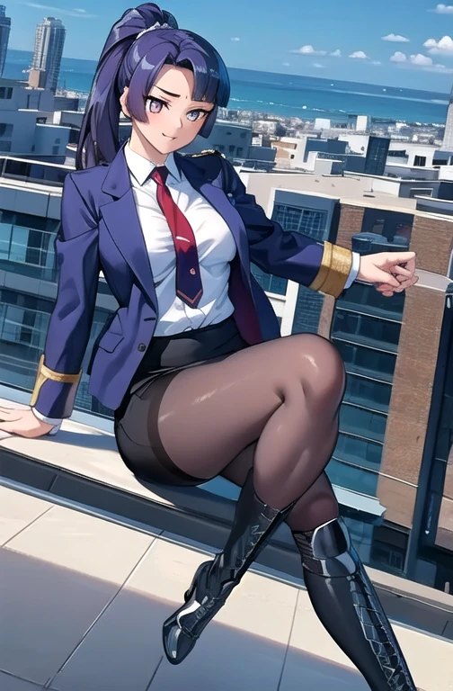 ,yatsu_murasaki,score_7_up,score_8_up,scrore_9,city,1girl,solo,ymtfm,boots,necktie,uniform,knee boots,white pantyhose,military uniform,black footwear,red necktie,pencil skirt,white shirt,high ponytail,dynamic angle,