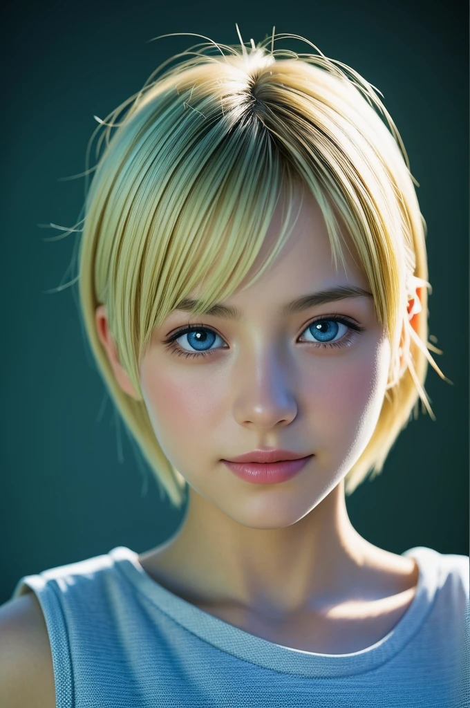 (Photo realistic:1.4), (Surreal:1.4), (Smooth lighting:1.05), 1 Girl, , blue eyes, Happy, shy, smile, (avert your eyes:1.2), Face close-up, Soft lighting, Backlight, (Top quality real texture skins), Super detailed face, Glowing Skin, retina, Anatomically correct, (Blonde Short Hair:1.1), bangs, Textured skin, high quality, Attention to detail, 最high quality, High resolution, T-Shirts