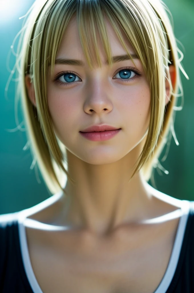 (Photo realistic:1.4), (Surreal:1.4), (Smooth lighting:1.05), 1 Girl, teenager, blue eyes, Happy, shy, smile, (avert your eyes:1.2), Face close-up, Soft lighting, Backlight, (Top quality real texture skins), Super detailed face, Glowing Skin, retina, Anatomically correct, (Blonde Short Hair:1.1), bangs, Textured skin, high quality, Attention to detail, 最high quality, High resolution, T-Shirts