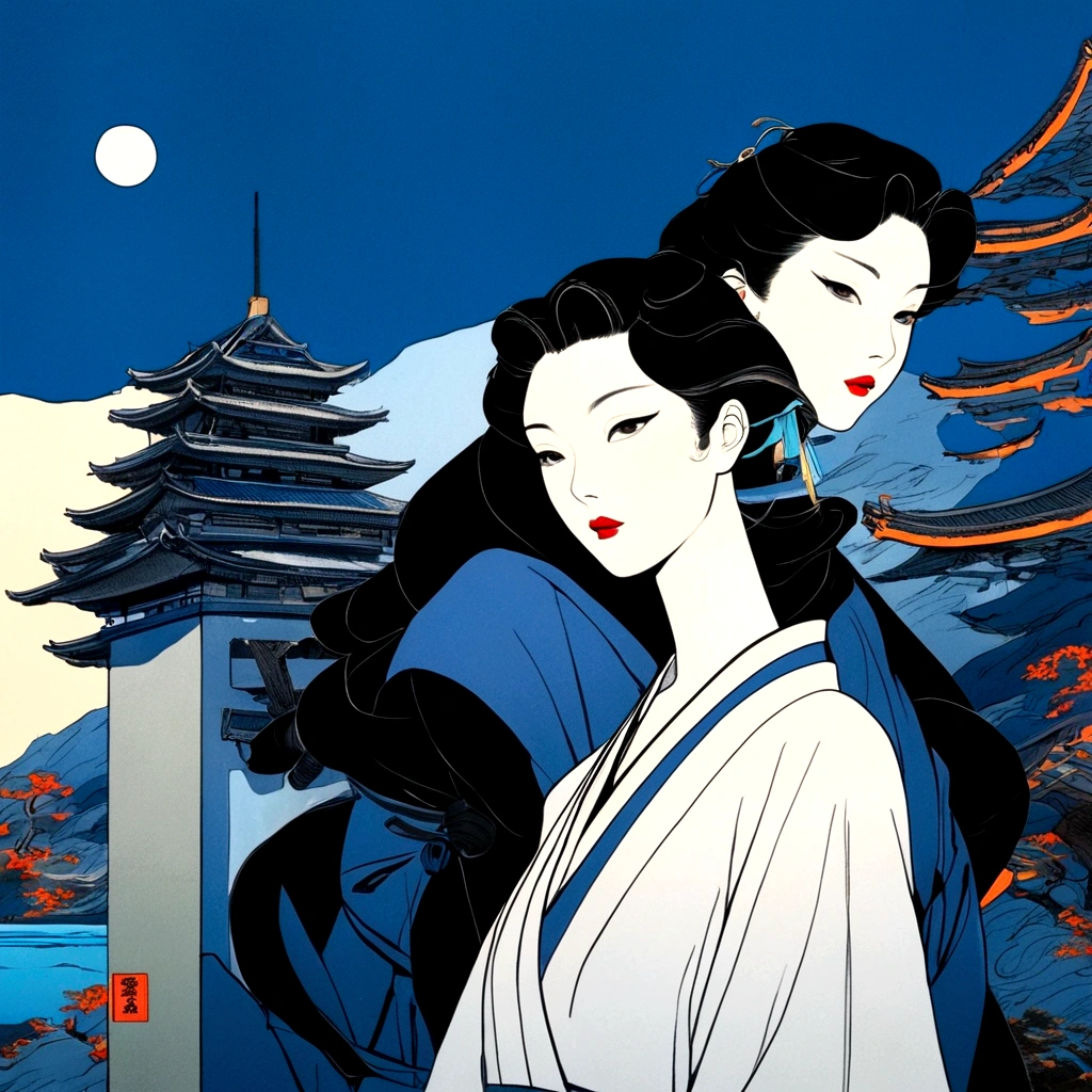 cartoon《Ghost Island》Episode 1，Japan，Patrick Nagel Style，Shot at 70mm，Oi Kitaichi，Chiaroscuro portrait，Qian Xuan，Beauty，Light bronze and deep black，Blue Background