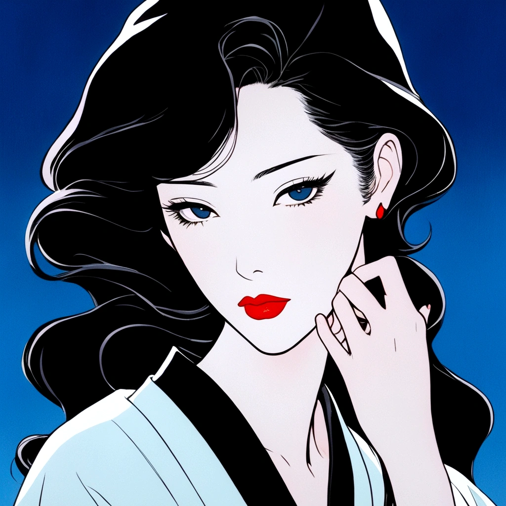 cartoon《Ghost Island》Episode 1，Japan，Patrick Nagel Style，Shot at 70mm，Oi Kitaichi，Chiaroscuro portrait，Qian Xuan，Beauty，Light bronze and deep black，Blue Background