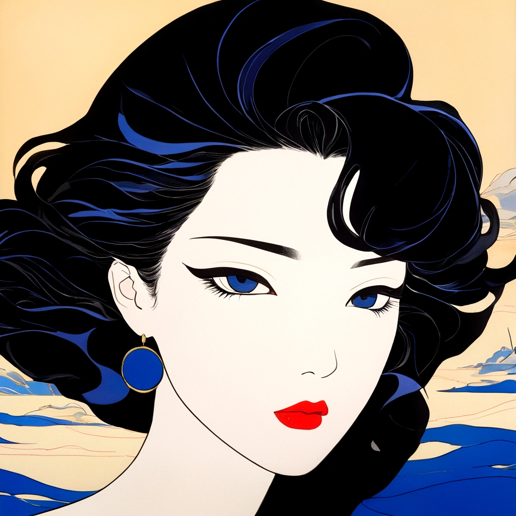 cartoon《Ghost Island》Episode 1，Japan，Patrick Nagel Style，Shot at 70mm，Oi Kitaichi，Chiaroscuro portrait，Qian Xuan，Beauty，Light bronze and deep black，Blue Background